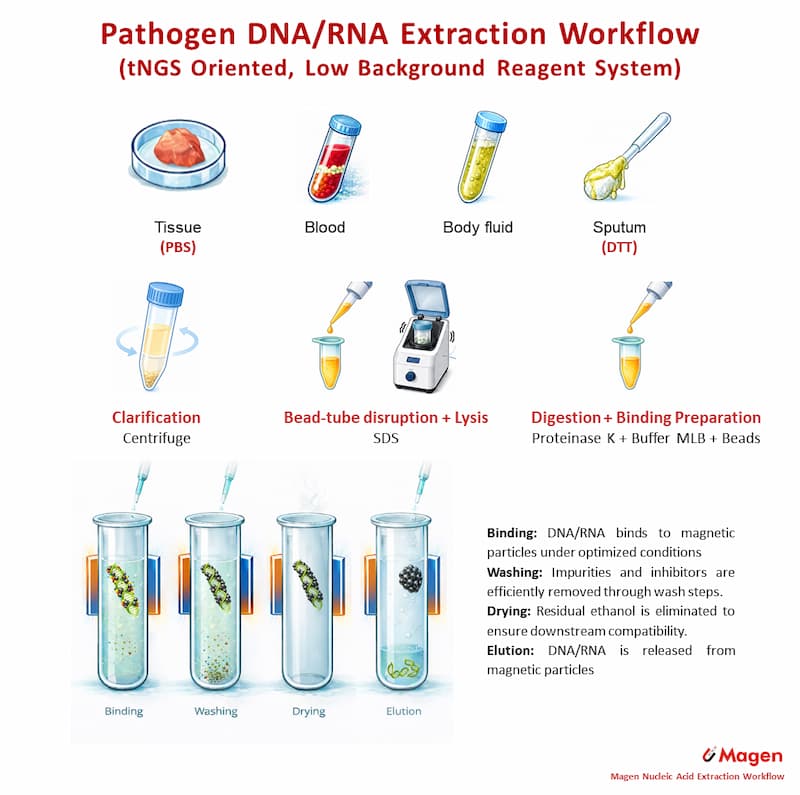 tNGS-oriented low-background pathogen DNA/RNA extraction workflow with SDS-assisted bead-tube disruption and magnetic bead purification